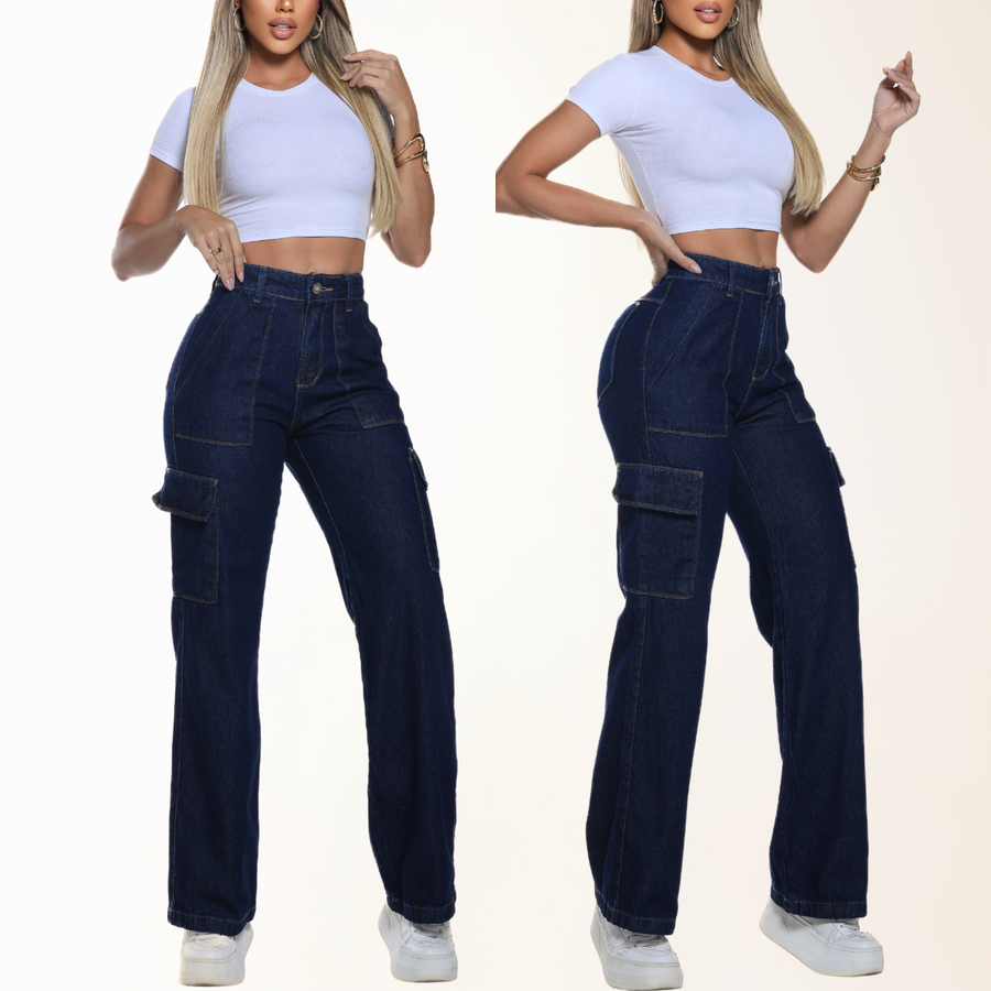 Calça Jeans Feminina Wide Leg Cargo Bolsos Larga Sem Lycra
