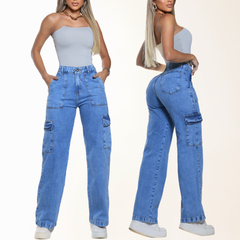 Calça Jeans Feminina Wide Leg Cargo Bolsos Larga Sem Lycra