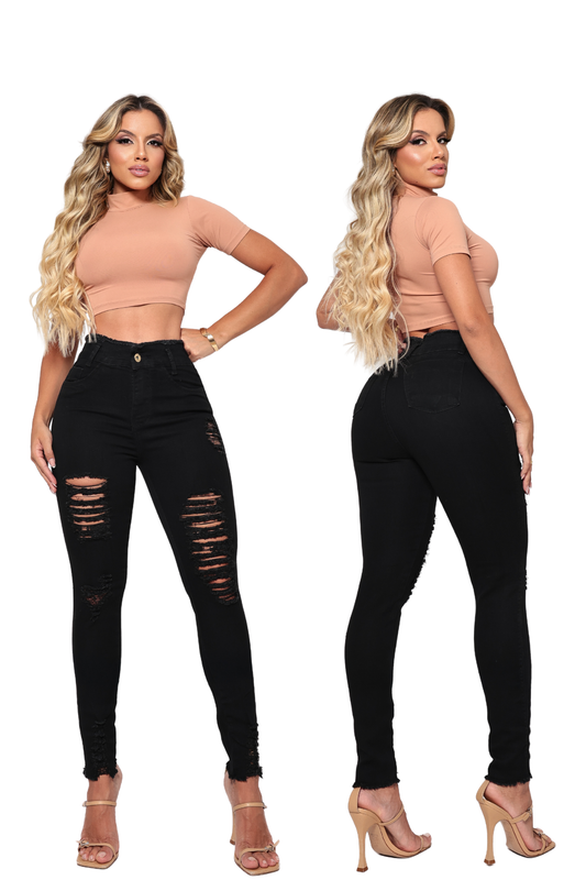 Calça Jeans Skinny Levanta Bumbum Feminina Preta Cos Alto