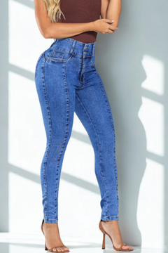 Calça Jeans Skinny Cintura Alta com Recortes Frontais Feminina