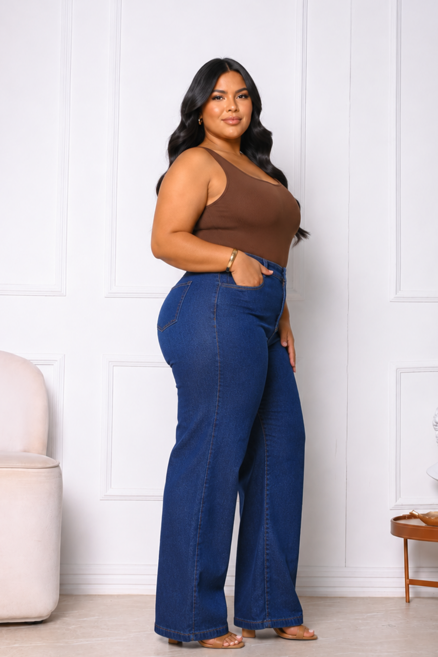 Calça Jeans Wide Leg Cintura Alta Plus Size Feminina