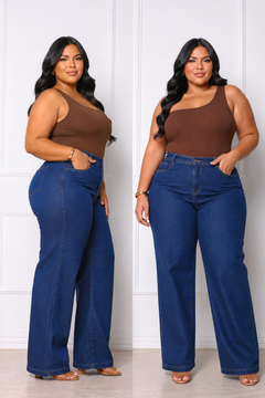 Calça Jeans Wide Leg Cintura Alta Plus Size Feminina