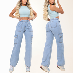 Calça Jeans Feminina Wide Leg Cargo Bolsos Larga Sem Lycra