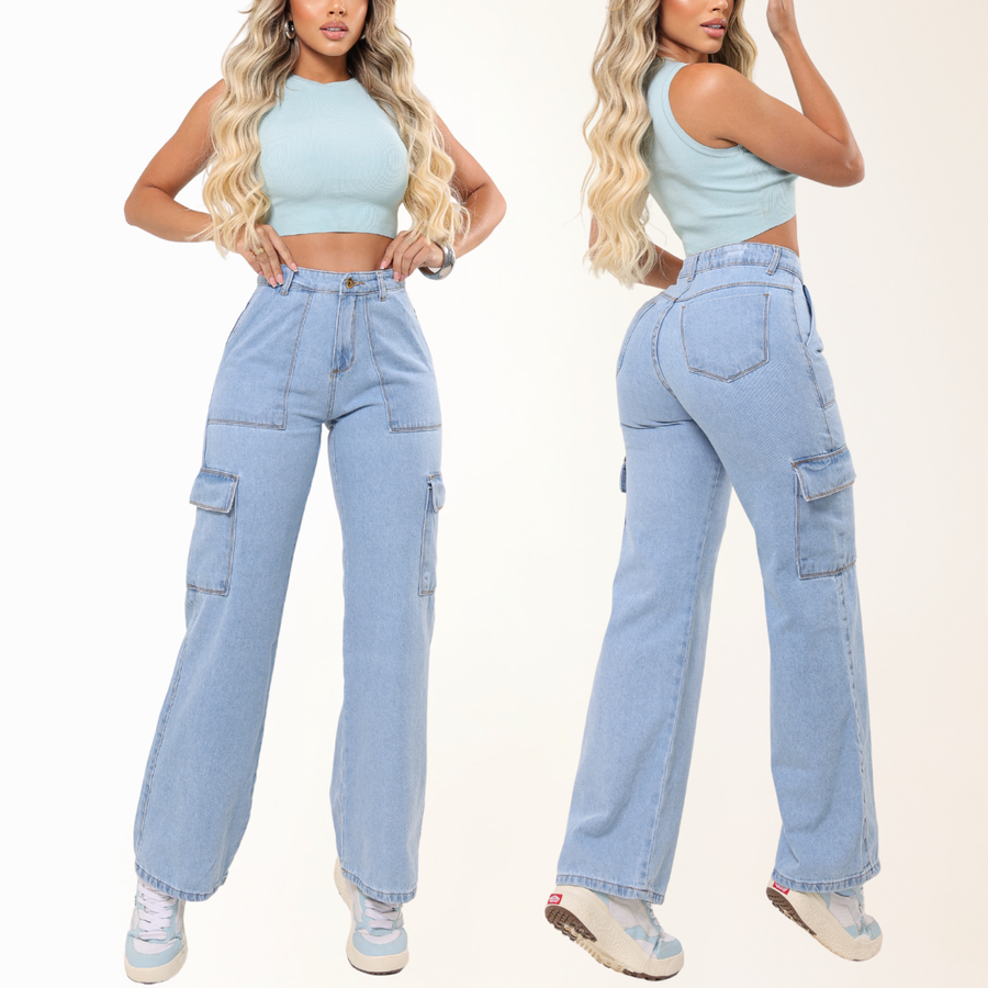 Calça Jeans Feminina Wide Leg Cargo Bolsos Larga Sem Lycra