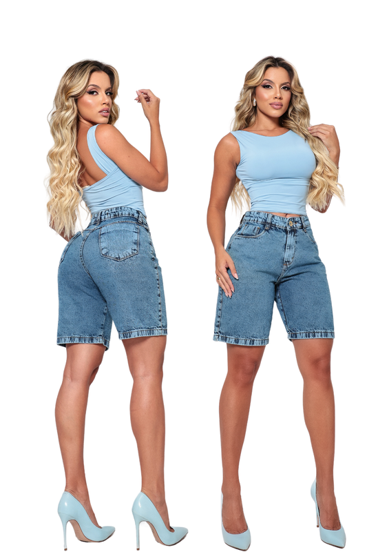 Short Jeans Feminino 100% Algodão Cintura Alta Levanta Bumbum