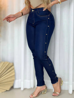 Calça Jeans Skinny Feminina Cintura Alta com Ilhós