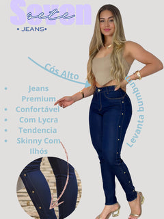 Calça Jeans Skinny Feminina Cintura Alta com Ilhós